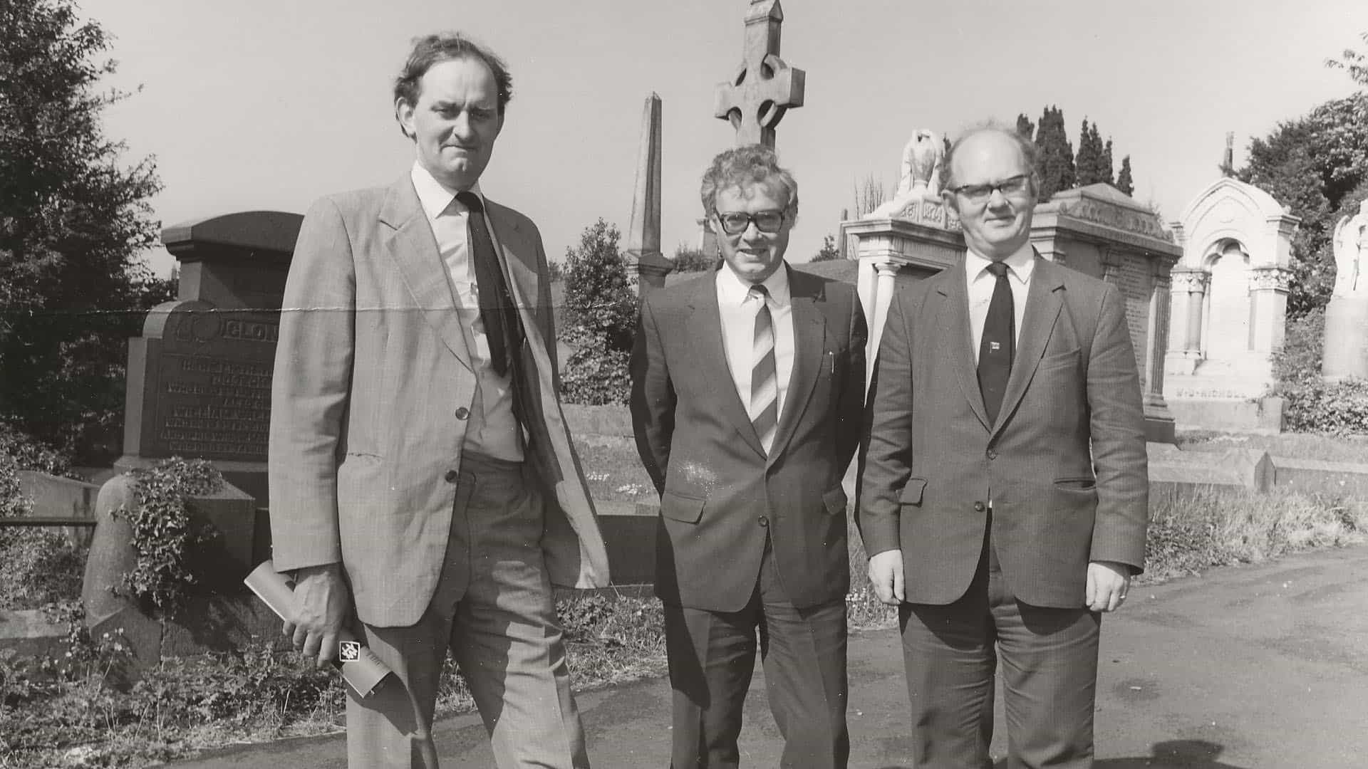 Co-Authors of 'Shipbuilders to the World' at Belfast City Cemetery viewing Lord Pirrie's Memorial, about 1985.