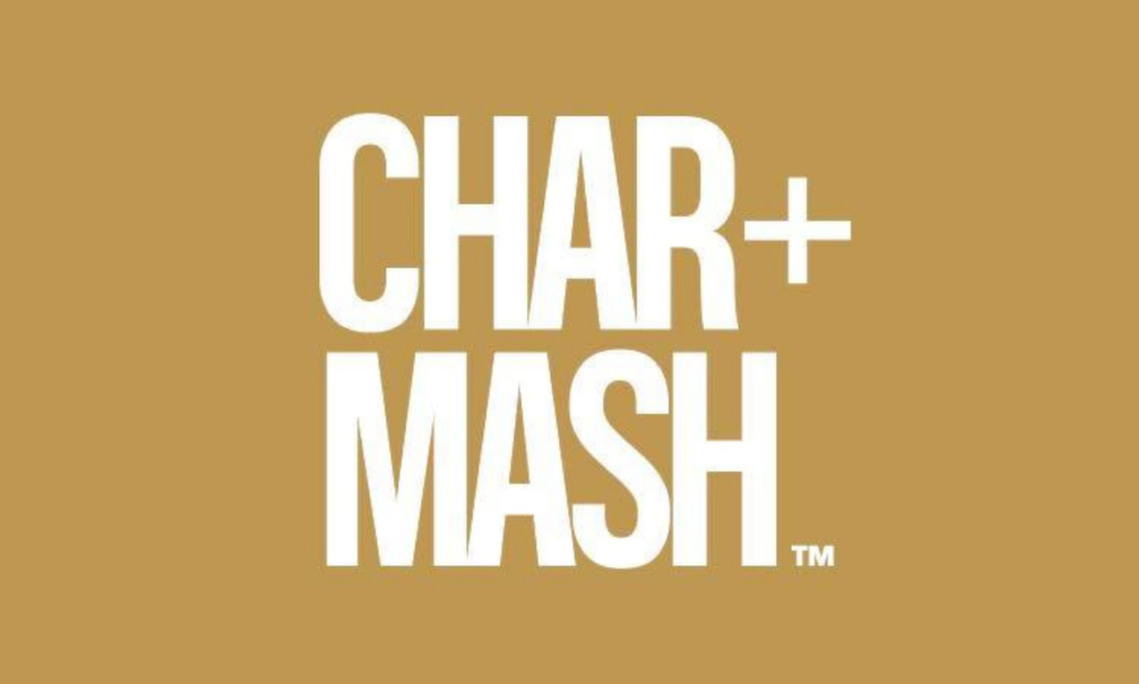 CHAR+ MASH in write writing on a beige background
